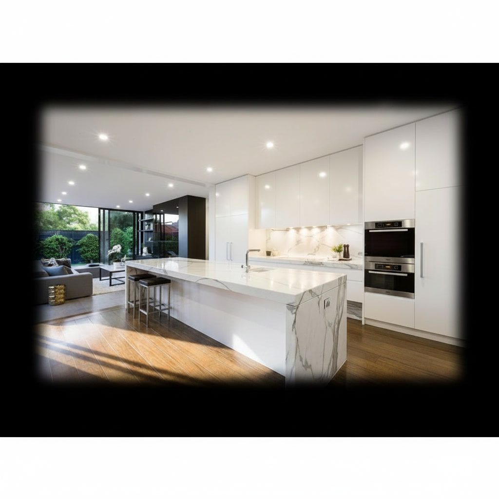 Cucina open space con pensili laccati bianchi, isola e top in marmo di Carrara