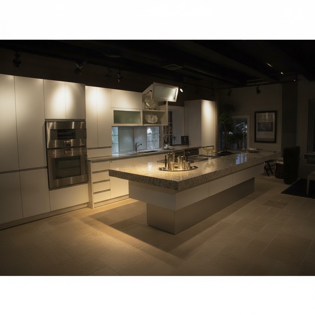 Isola con top in granito su base a piramide rovesciata, cucina con pensili in legno bianco