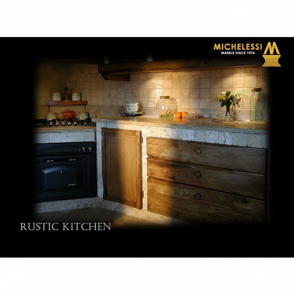 Cucina rustica in muratura con sportelli in legno grezzo, piano in granito e parete in travertino