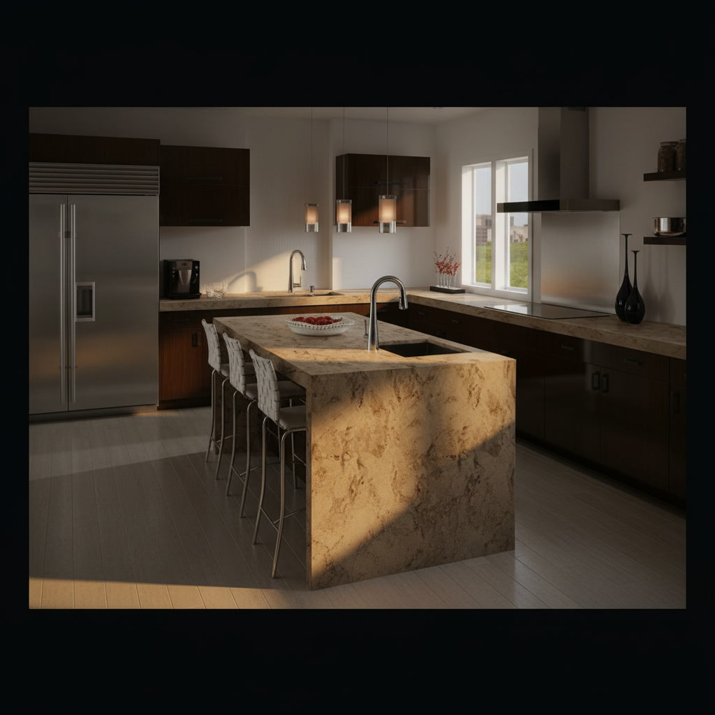 Cucina con pensili in legno scuro, top e isola centrale in marmo maculato chiaro