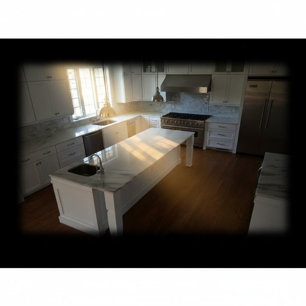 Cucina classica bianca con isola centrale e piani di lavoro in marmo bianco sfumato di grigio