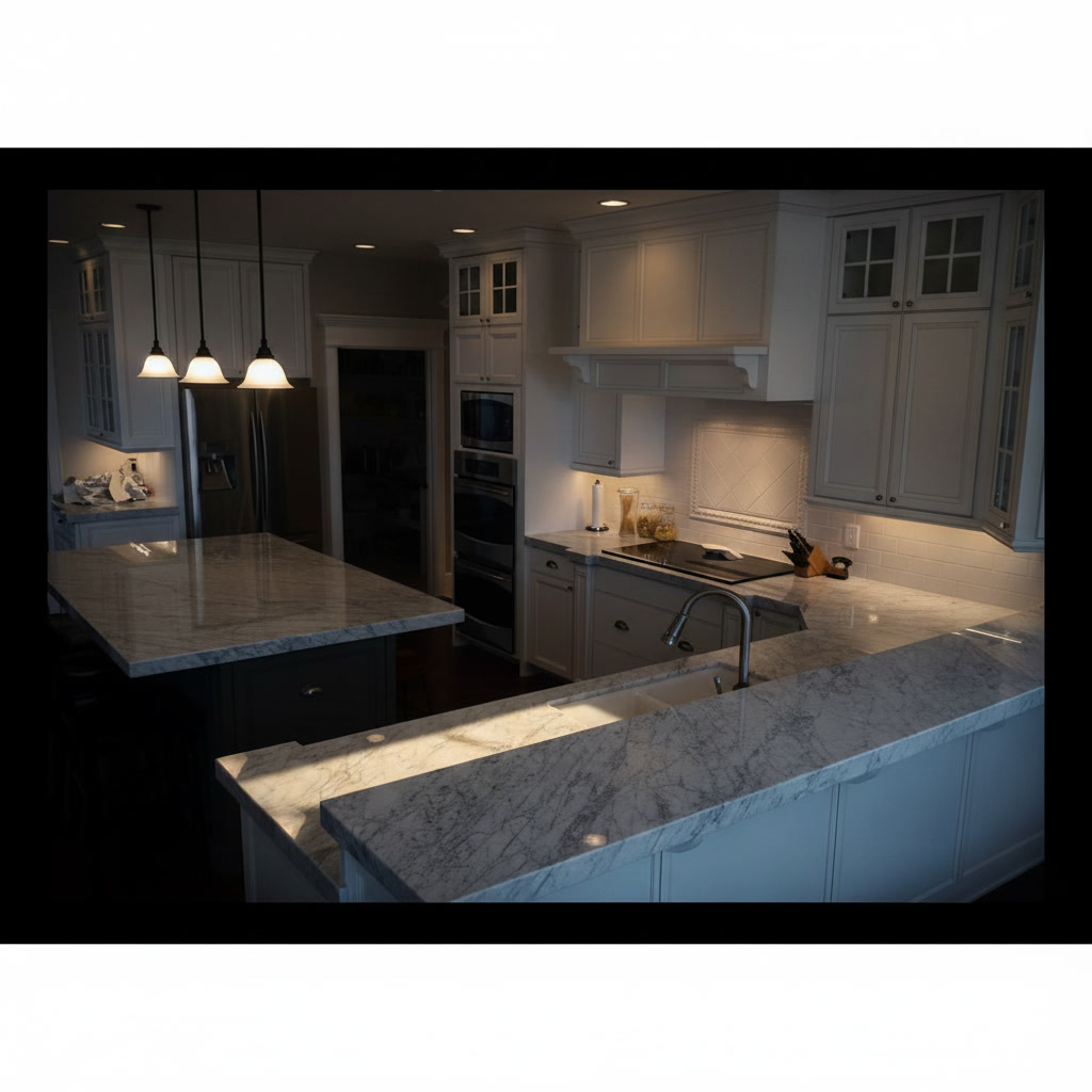 Cucina ad angolo in stile classico con zona lavello a doppio livello e isola in marmo su base blu