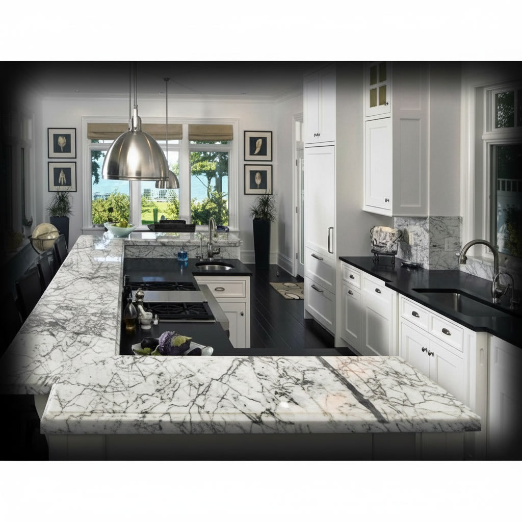 Cucina elegante con piani in marmo di Carrara a venatura accentuata e top in quarzo nero