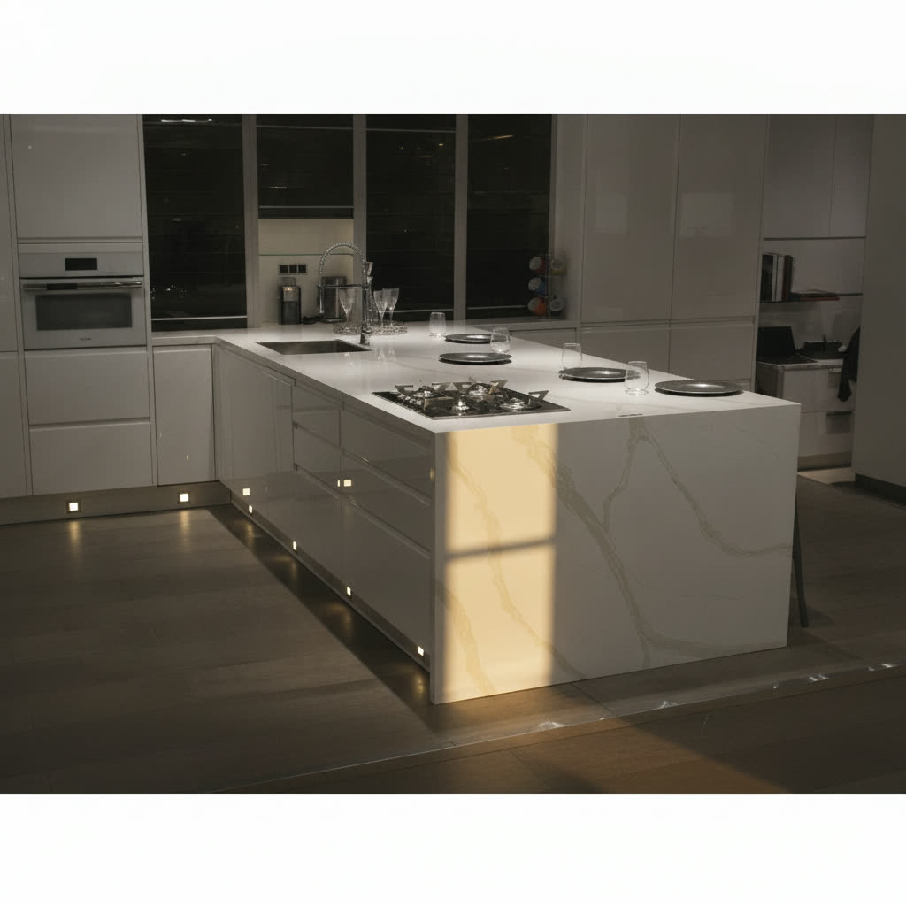 Penisola in marmo bianco con venature grigie e battiscopa con illuminazione puntiforme