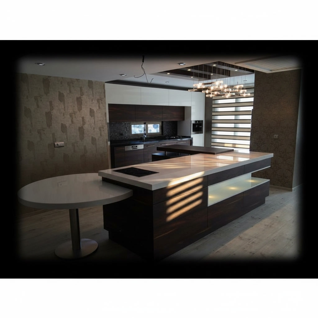 Cucina in legno scuro con top in quarzo bianco e isola con tavolo circolare annesso