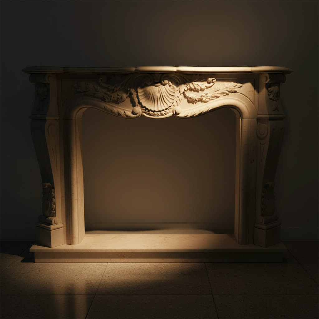 Cornice camino in marmo beige art. CAMSIL2 con misure, cornici antiche in marmo Michelessi