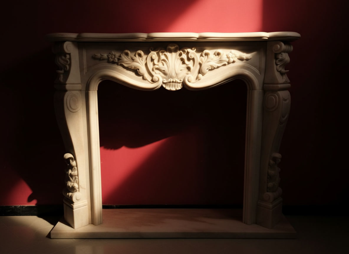Cornice camino in marmo avorio con intagli floreali su parete rossa, cornici antiche in marmo Michelessi