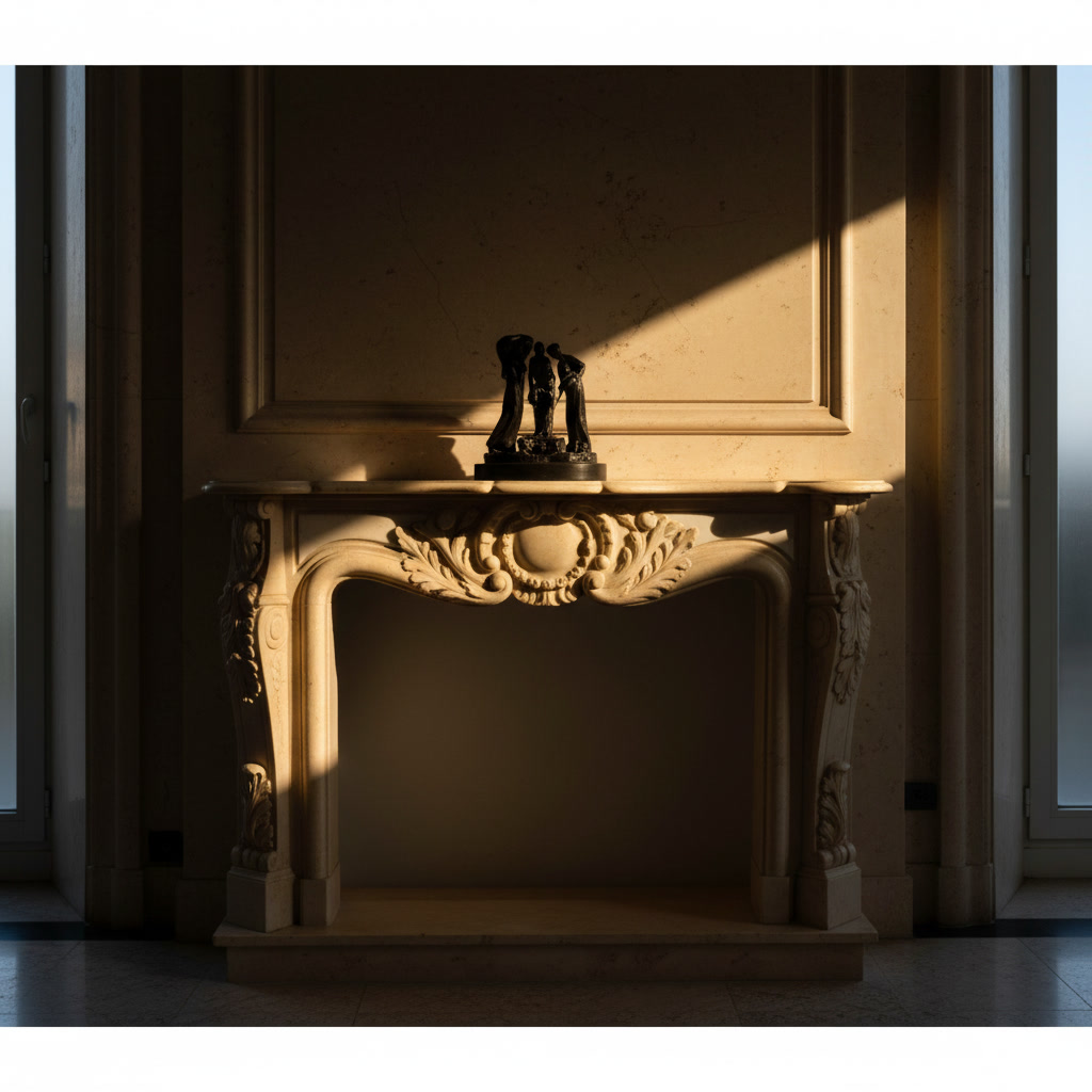 Cornice camino in marmo beige art. CAMSIL3 con misure indicate, cornici antiche in marmo Michelessi