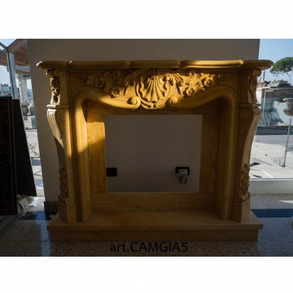 Cornice camino in marmo giallo oro art. CAMGIA5 in showroom, cornici antiche in marmo Michelessi