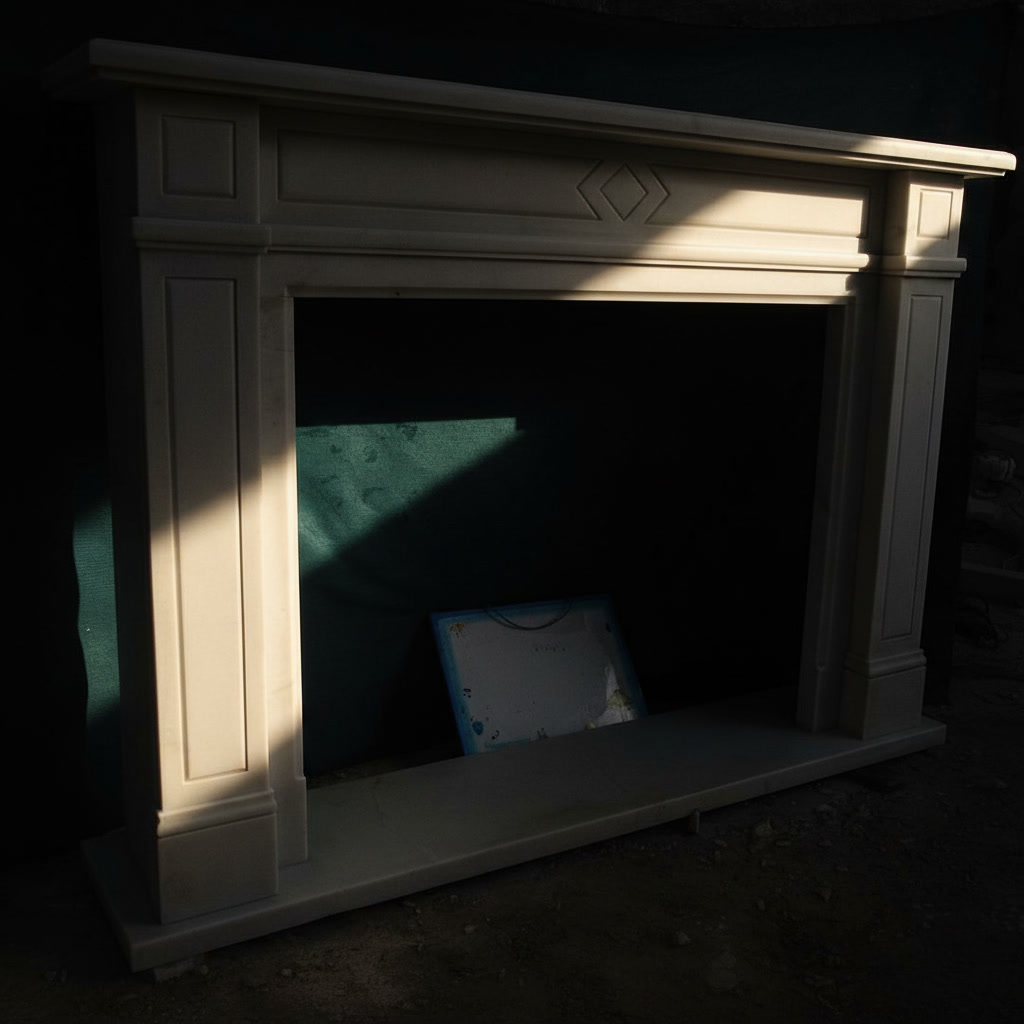 Cornice camino in marmo bianco con specchiature e rombo centrale, cornici classiche in marmo Michelessi
