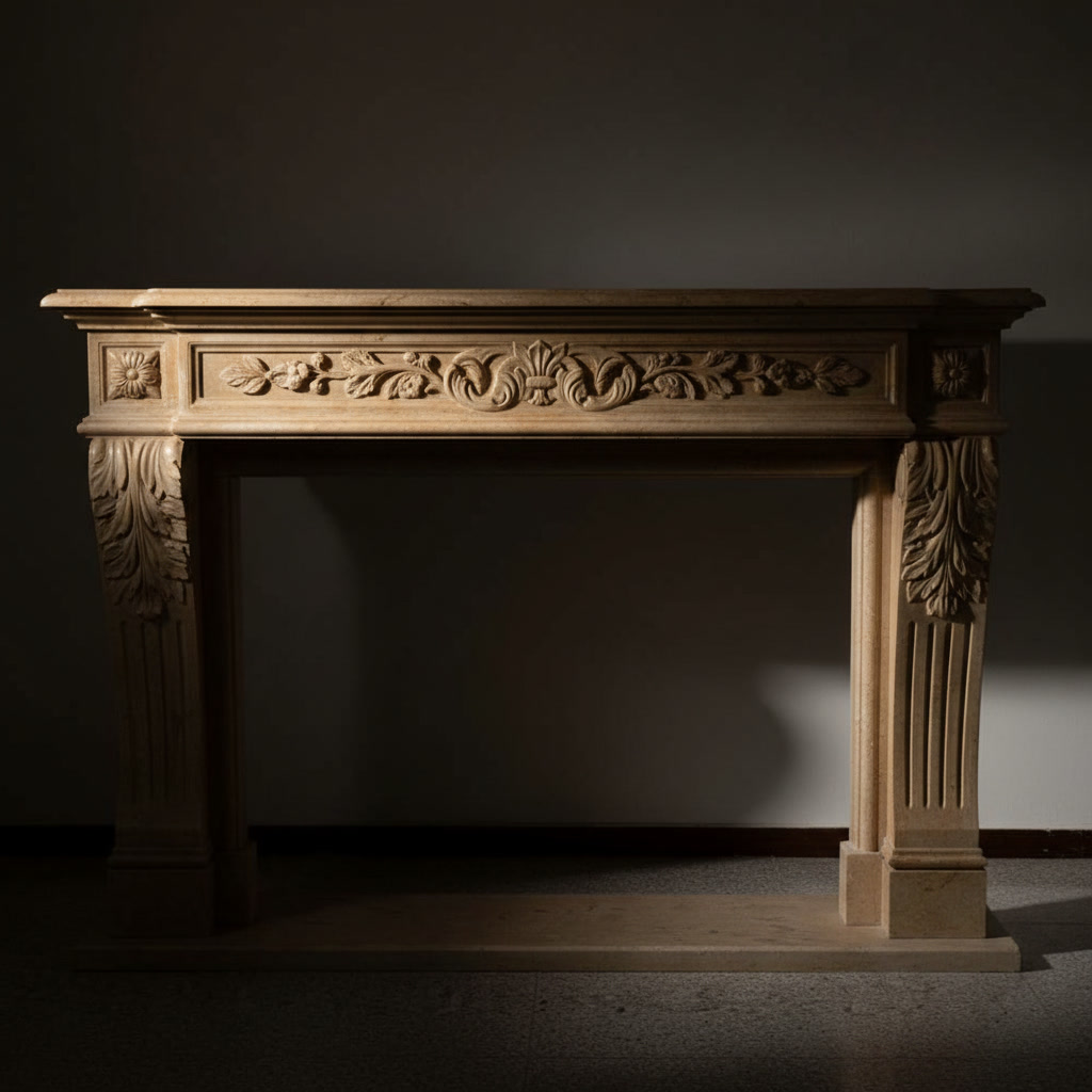 Cornice camino in marmo beige art. CAMSIL1 con misure indicate, cornici classiche in marmo Michelessi
