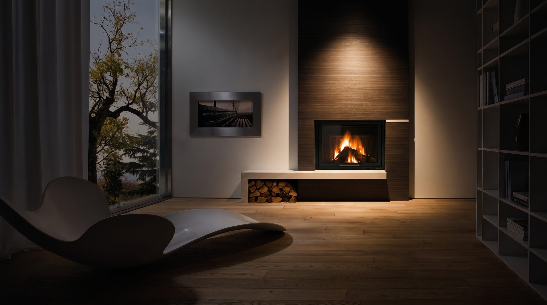 Visione di progetto: camino moderno incassato in parete di legno scuro con panca chiara, cornici moderne Michelessi