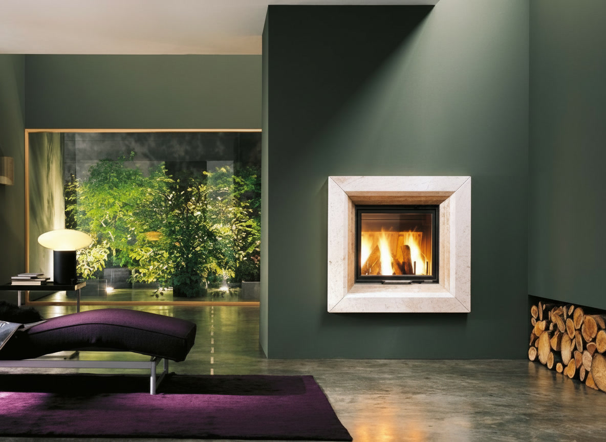 Cornice quadro in pietra beige con fuoco acceso su parete verde, cornici quadro in marmo Michelessi