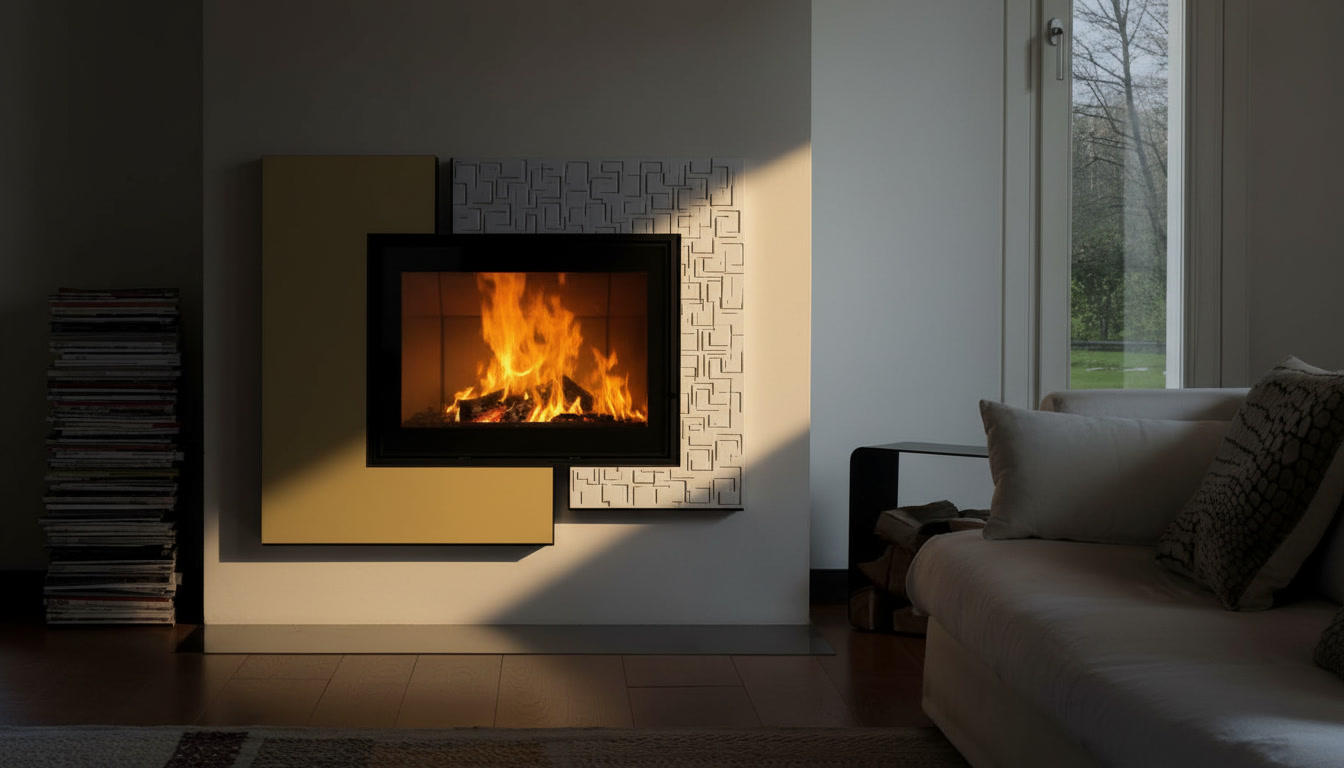 Cornice quadro bicolore gialla e bianca con focolare acceso, cornici quadro Michelessi