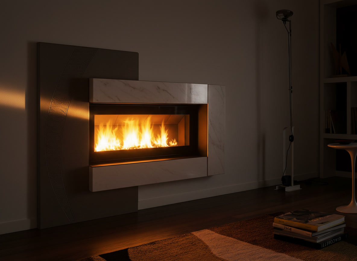 Cornice quadro bianca su pannello tortora decorato, focolare acceso, cornici quadro Michelessi