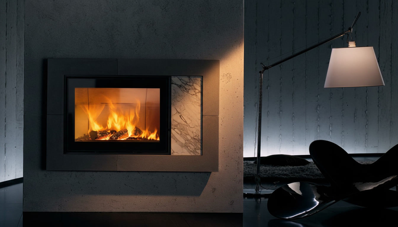 Cornice quadro in pietra grigia con focolare acceso e lampada di design, cornici quadro Michelessi