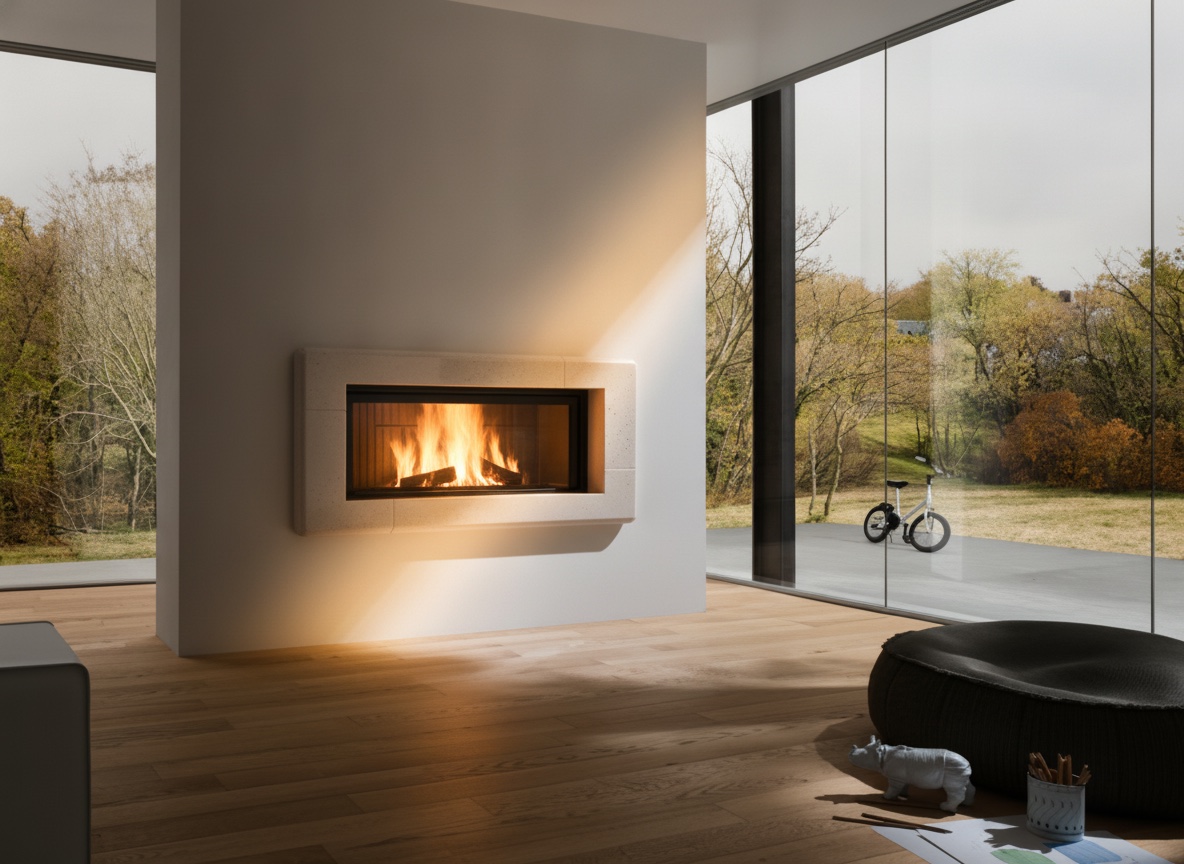 Cornice quadro bianca dalle linee curve con fuoco acceso e vetrate, cornici quadro Michelessi