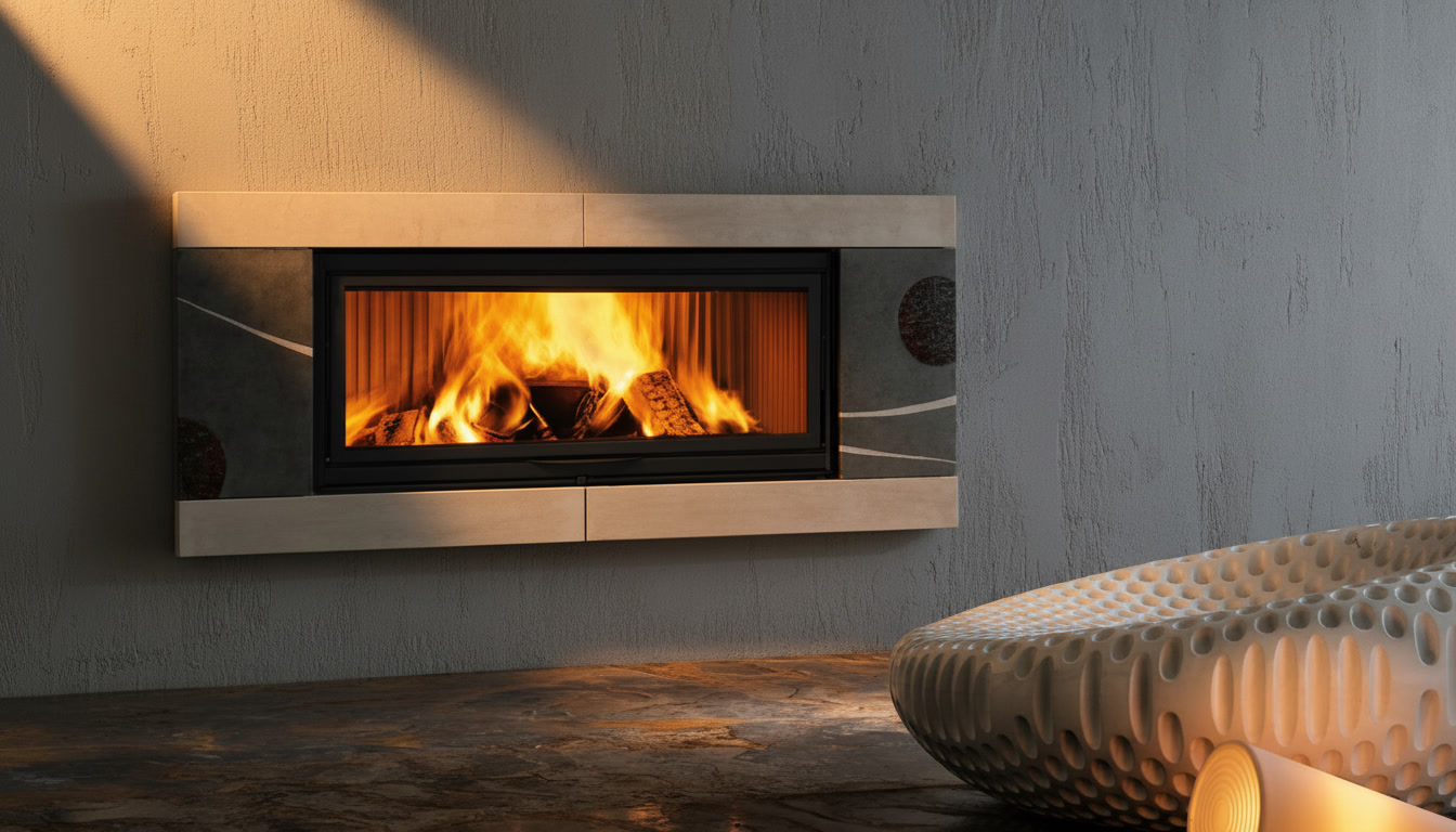 Cornice quadro in pietra crema con pannelli scuri decorati e fuoco, cornici quadro Michelessi