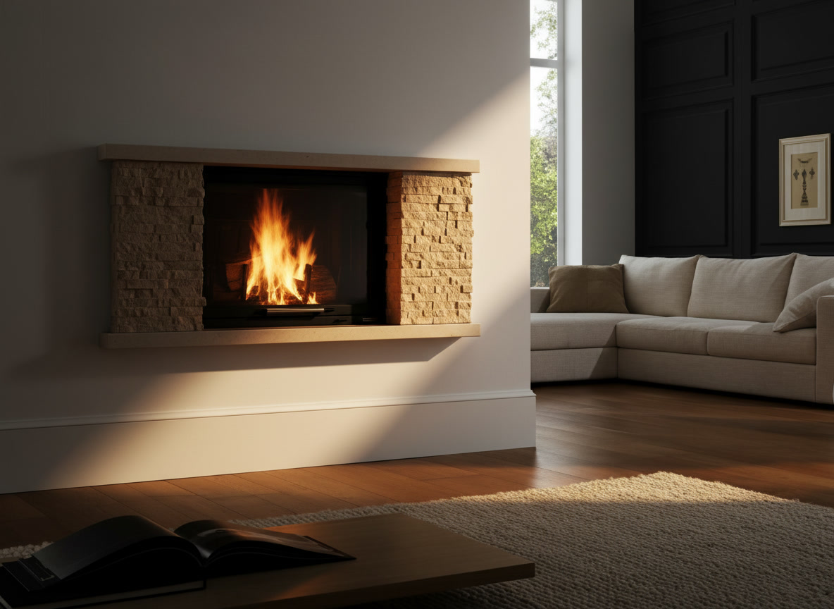 Cornice quadro in pietra a spacco beige con fuoco acceso, cornici quadro in marmo Michelessi