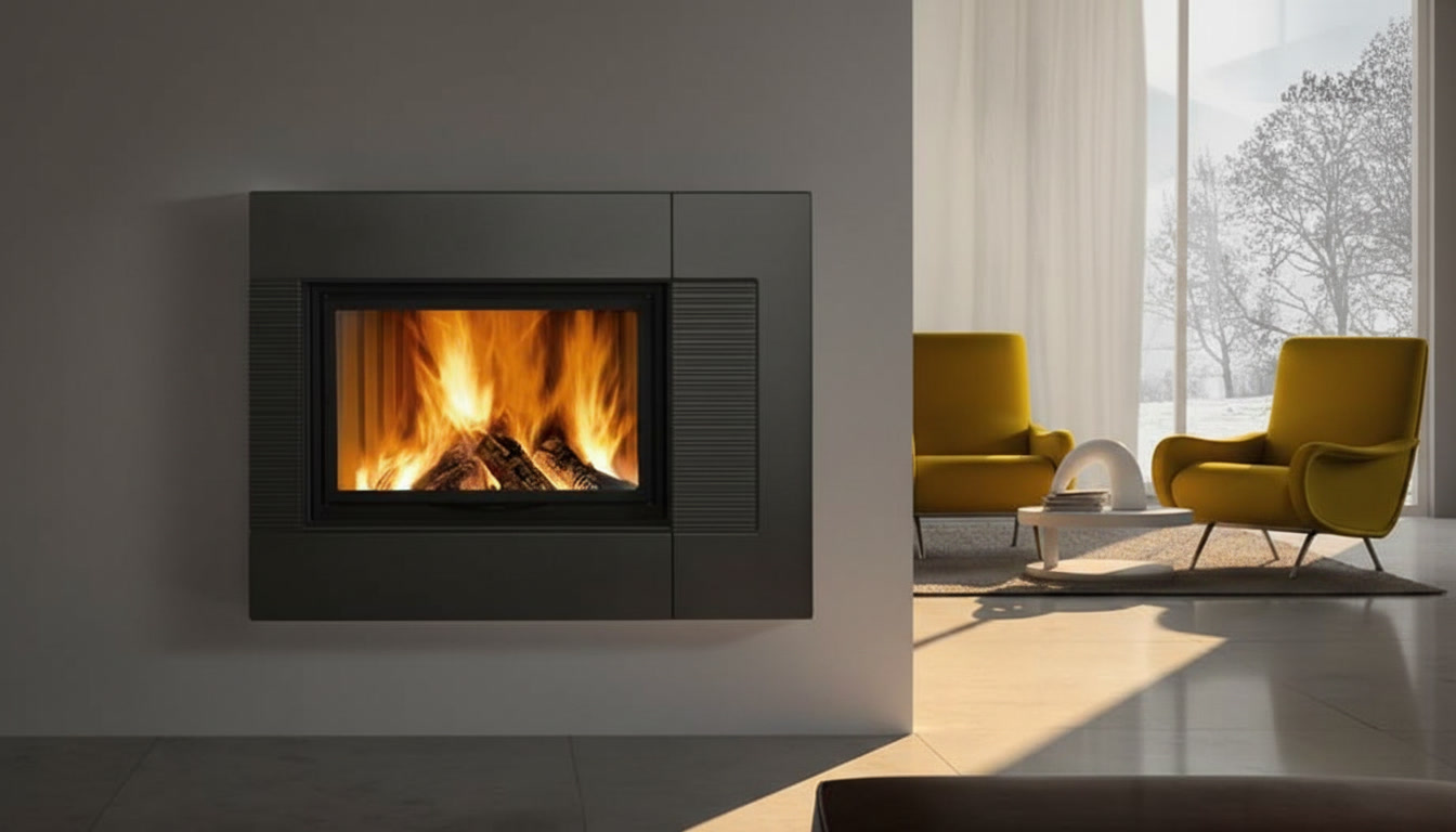 Cornice quadro antracite rigata con fuoco acceso e poltrone gialle, cornici quadro Michelessi
