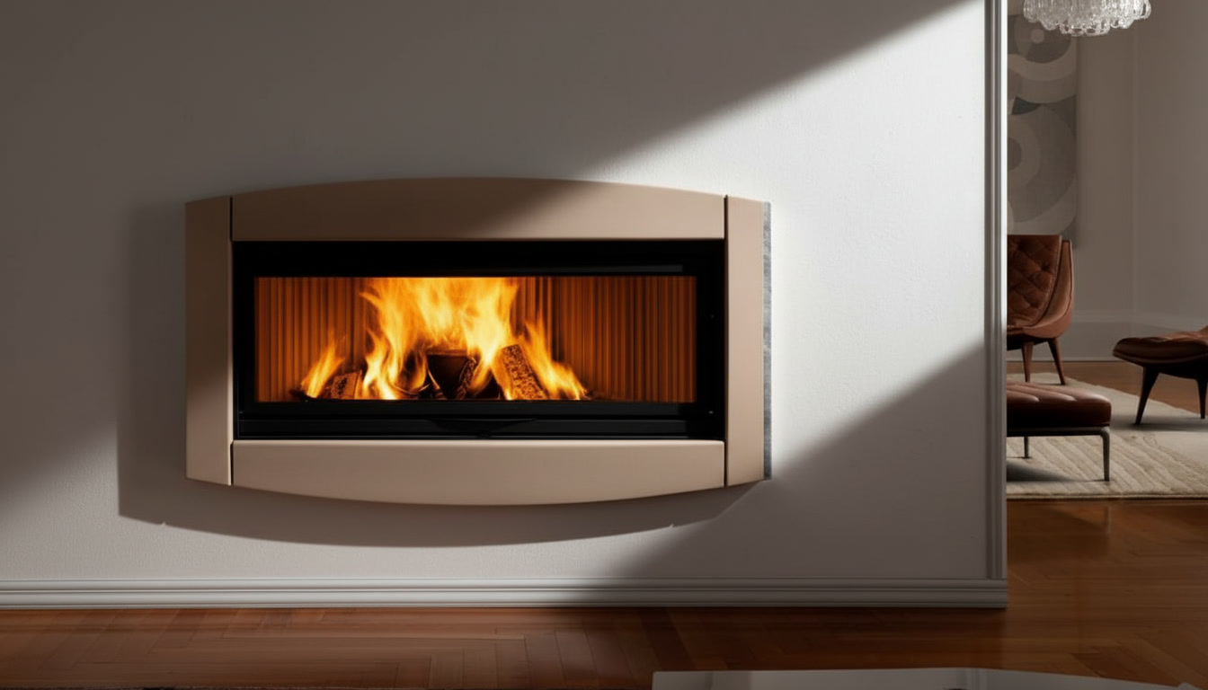 Cornice quadro bombata color rame con focolare orizzontale acceso, cornici quadro Michelessi