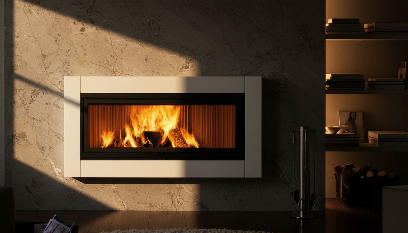 Cornice quadro bianca a fasce con fuoco acceso e portalegna moderno, cornici quadro Michelessi