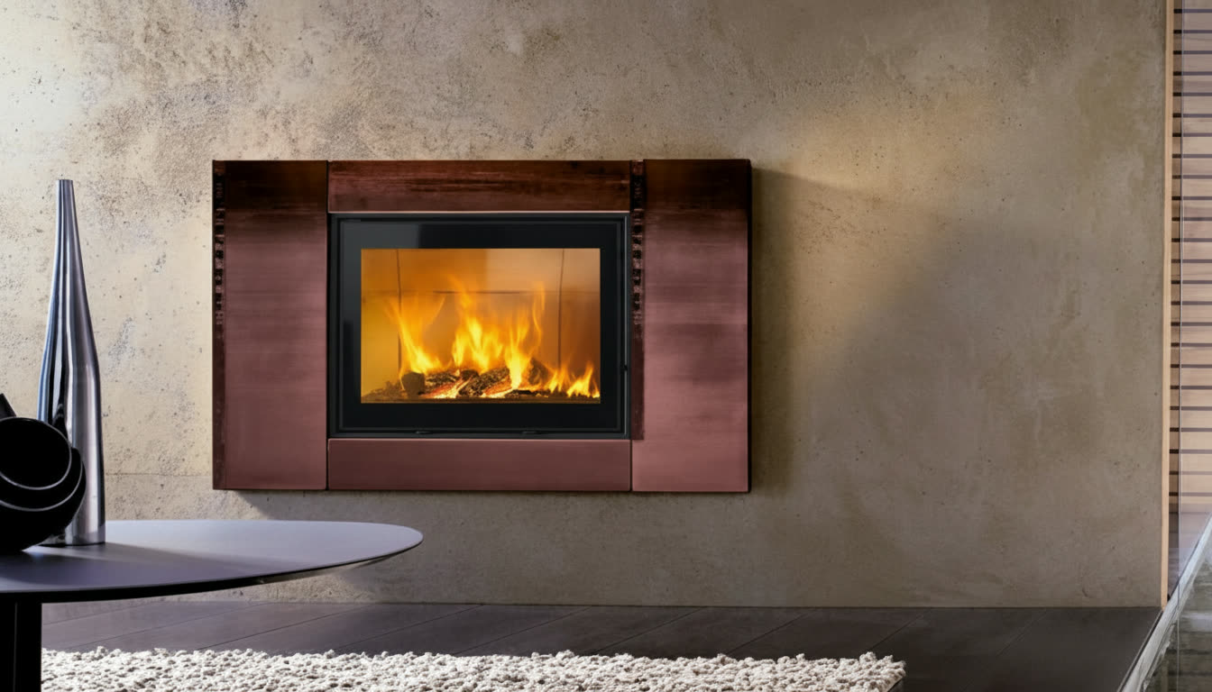 Cornice quadro in metallo ramato su parete materica con fuoco acceso, cornici quadro Michelessi