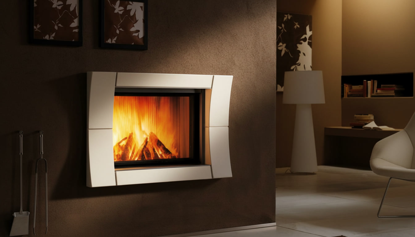 Cornice quadro avorio dalle linee curve su parete marrone, fuoco acceso, cornici quadro Michelessi