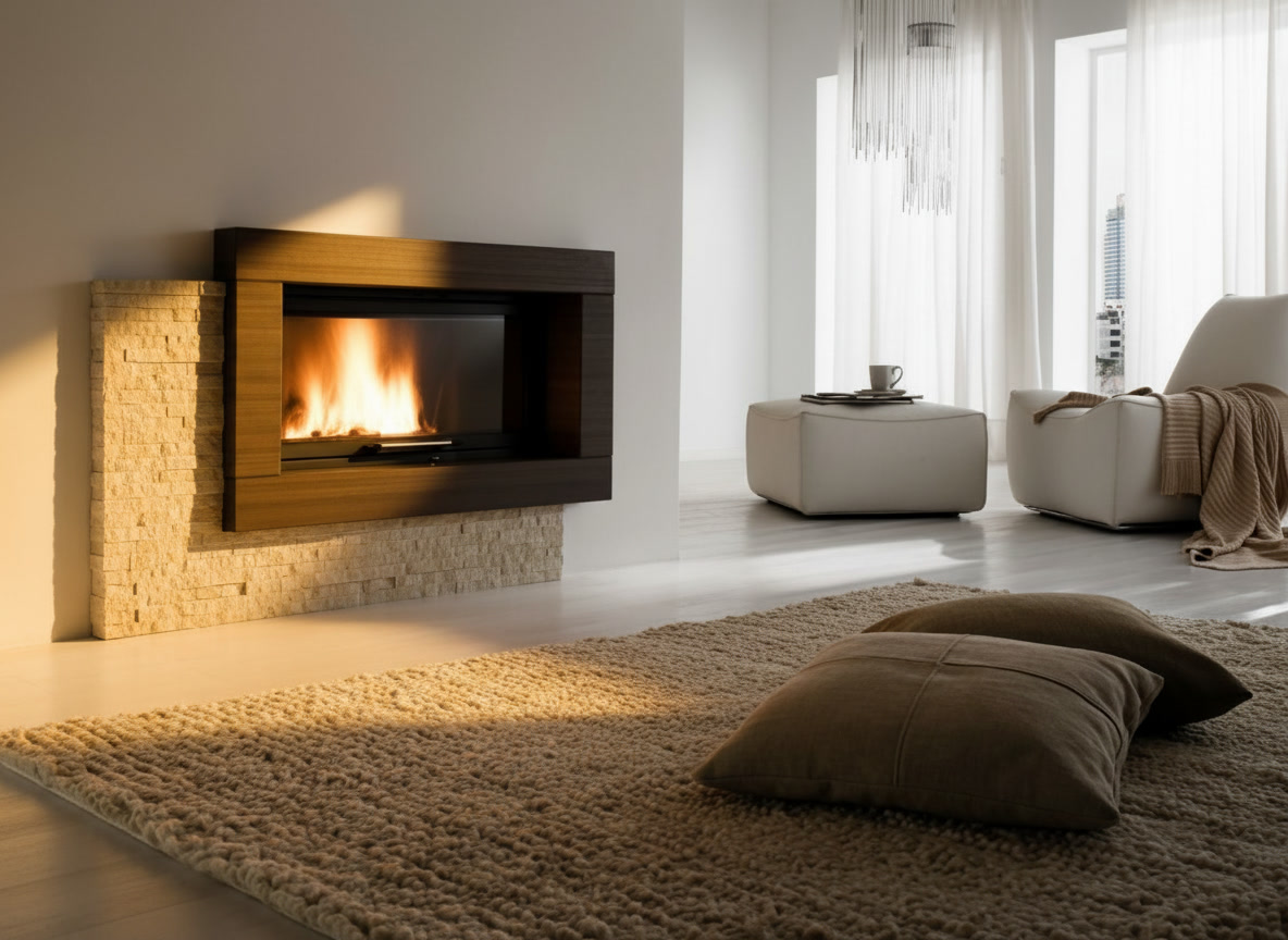 Cornice quadro in legno wengé su pietra a spacco chiara, fuoco acceso, cornici quadro Michelessi