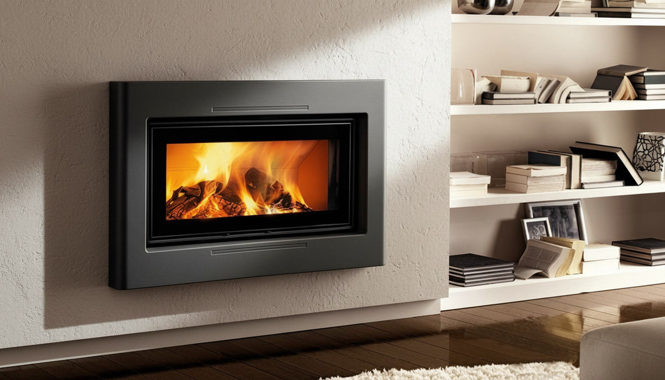 Cornice quadro antracite bombata con fuoco acceso accanto a libreria, cornici quadro Michelessi