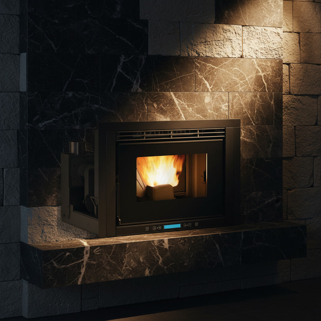 Inserto a pellet La Nordica Comfort P70 nero con fiamma accesa, camini e cornici Michelessi