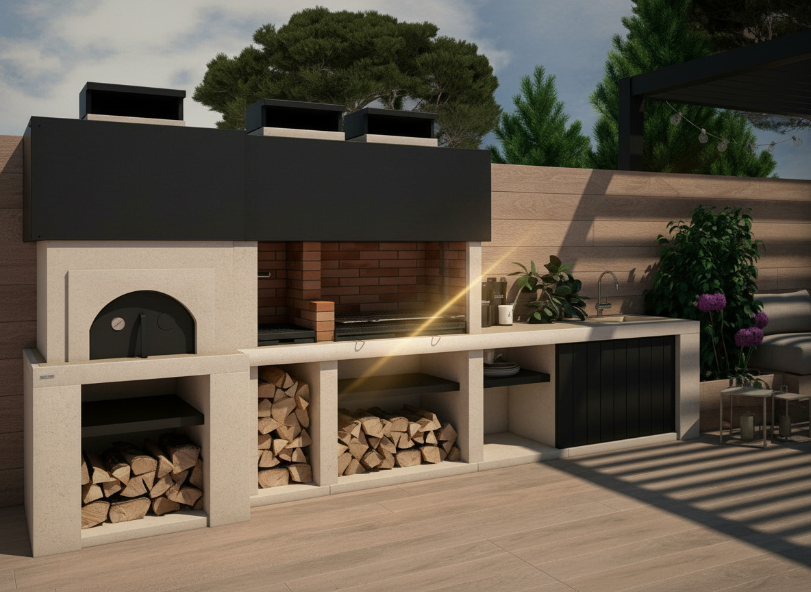 Cucina da esterno in pietra refrattaria modello 109 con barbecue, forno a legna, lavello e vani portalegna, Michelessi