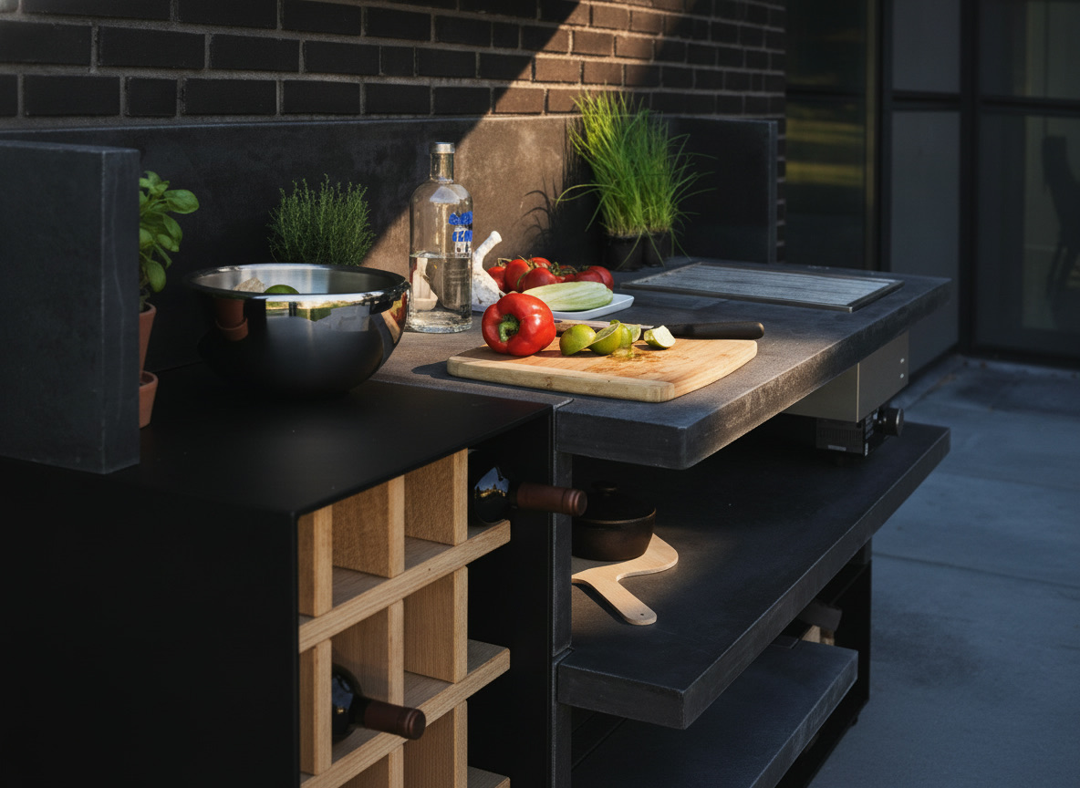 Cucina da esterno modello 83 in pietra refrattaria scura con piastra elettrica, piano di lavoro e ripiano porta vino, Michelessi