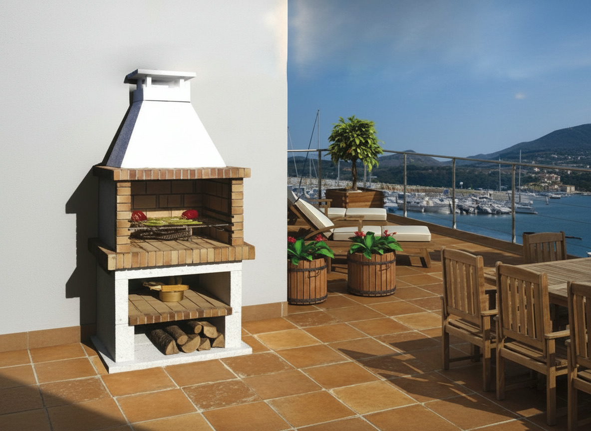 Barbecue a legna in mattoncini modello 89 con cappa bianca e vano portalegna, cucine da esterno Michelessi