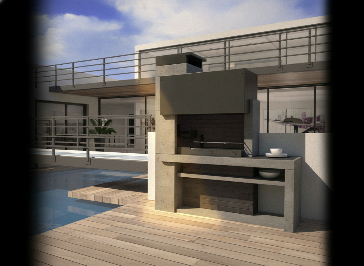 Barbecue moderno in pietra refrattaria modello 112 con piano laterale, a bordo piscina, cucine da esterno Michelessi