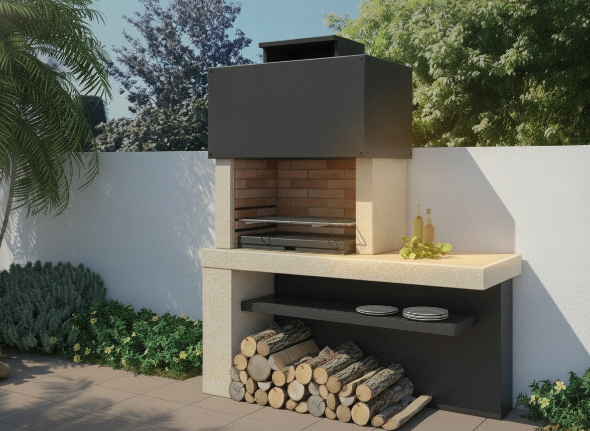 Barbecue a legna modello 111 in pietra refrattaria con fondale in mattoncini, piano di lavoro e ripiano portalegna, Michelessi