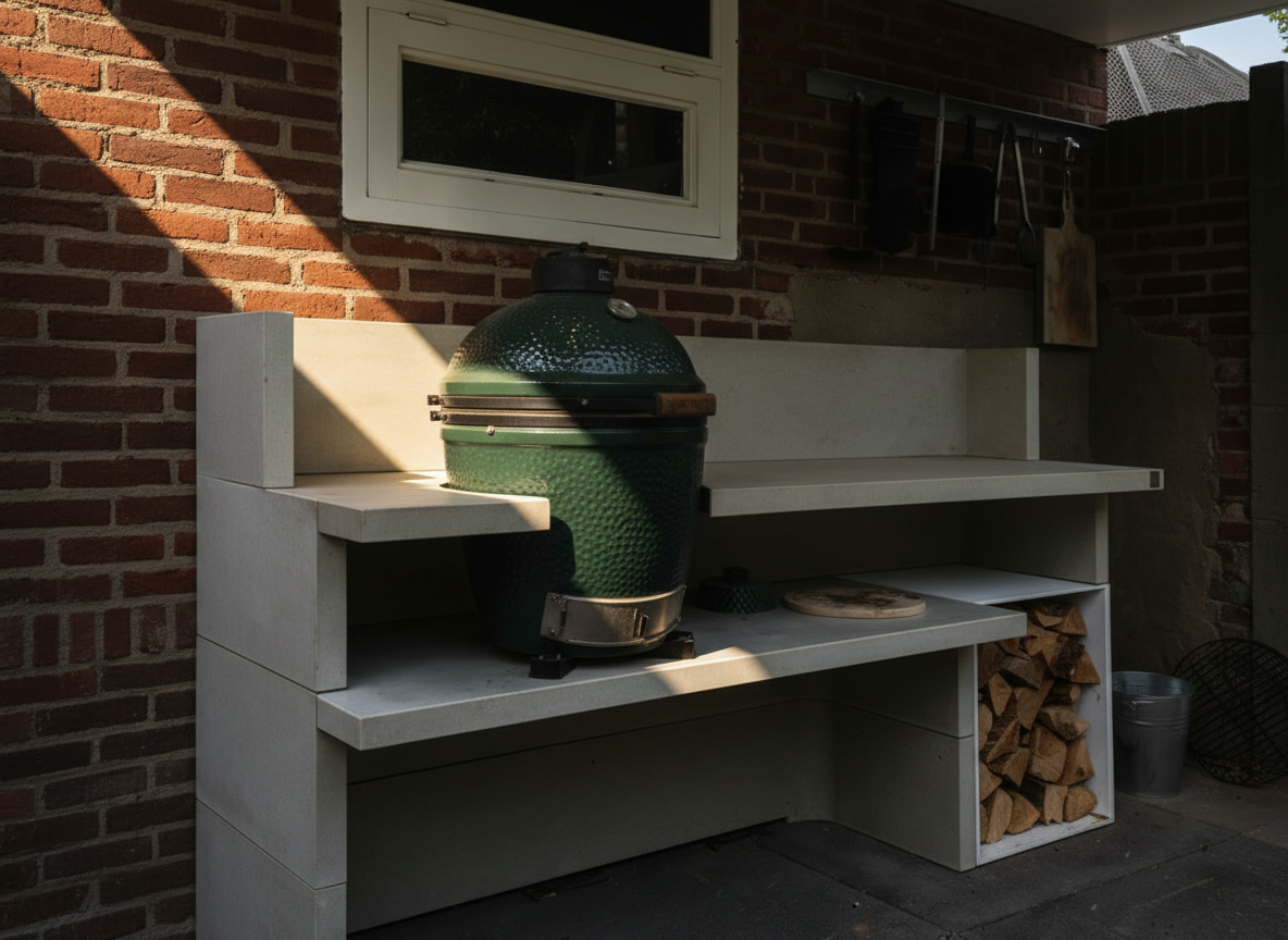 Cucina da esterno in pietra refrattaria chiara modello 70 con vano portalegna e piano di lavoro, Michelessi
