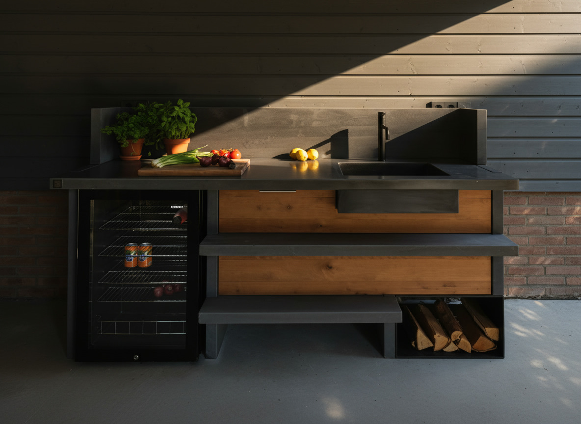 Cucina da esterno modello 85 in pietra refrattaria e legno con lavello integrato ed elettrodomestici, Michelessi