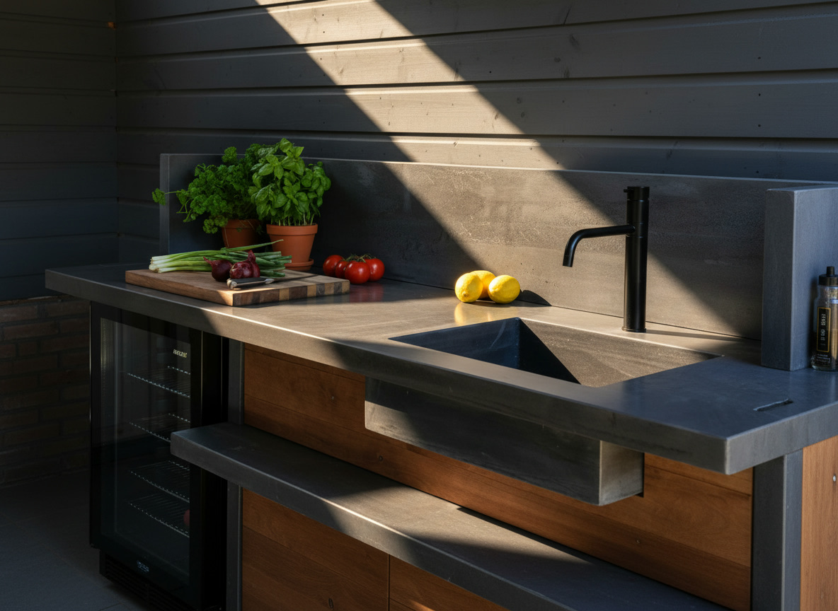 Piano in pietra refrattaria con lavello integrato della cucina da esterno modello 86 e miscelatore nero, Michelessi