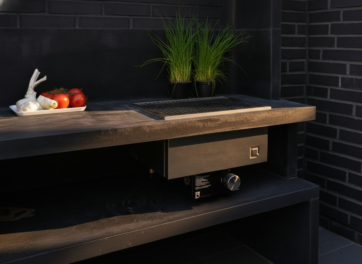 Dettaglio della cucina da esterno modello 82 con piastra elettrica e piano di lavoro in pietra refrattaria, Michelessi
