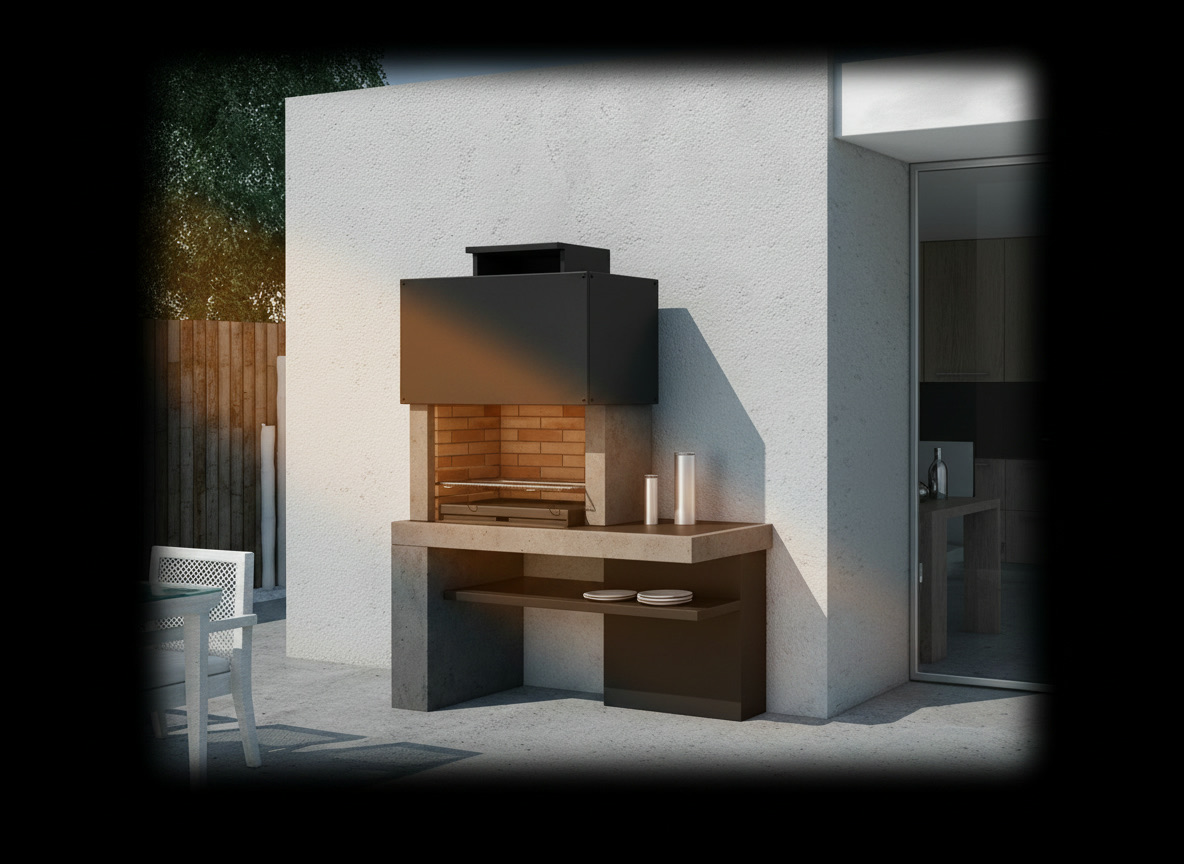 Barbecue moderno modello 113 in pietra refrattaria grigia con fondale in mattoncini e piano laterale scuro, Michelessi