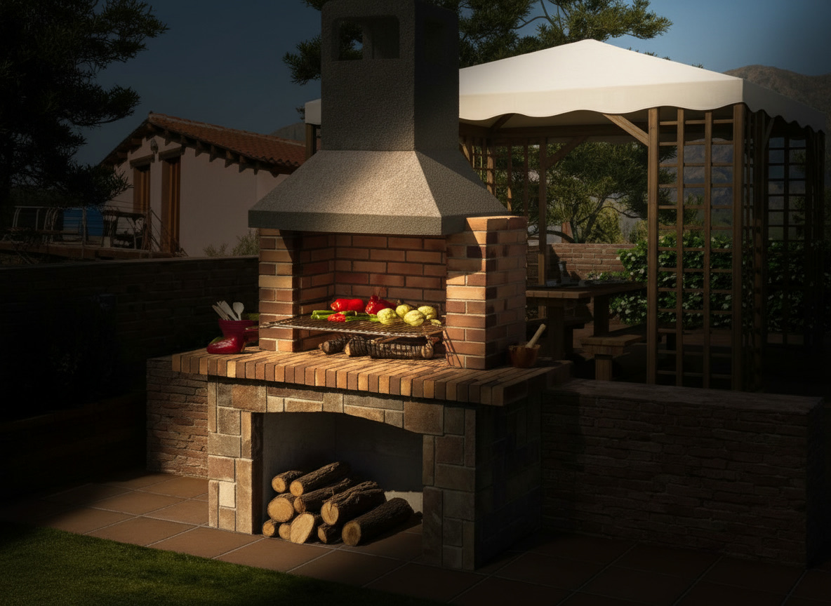 Barbecue rustico in mattoncini modello 95 con cappa in pietra refrattaria e piano d'appoggio, cucine da esterno Michelessi
