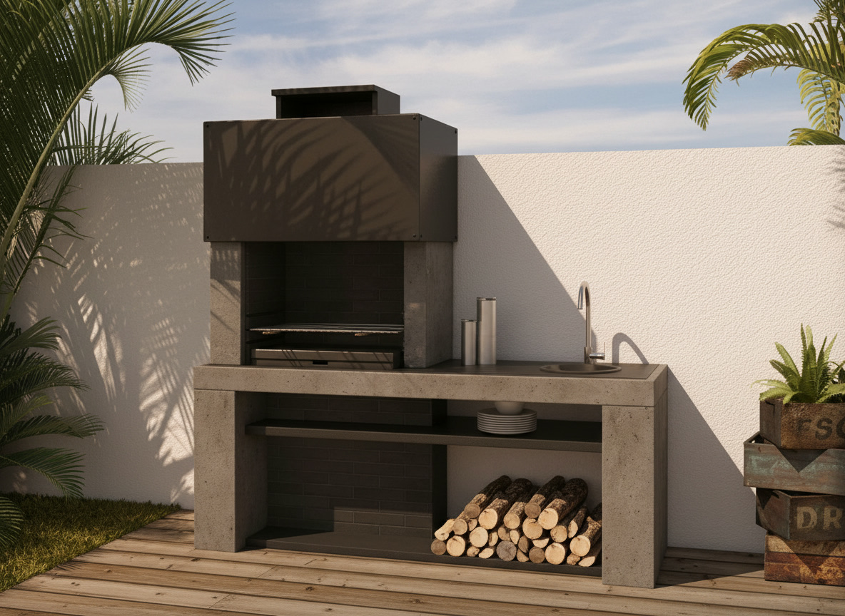 Barbecue con lavello e ripiano modello 108 in pietra refrattaria antracite, cucine da esterno Michelessi