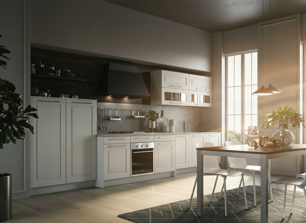 Cucina collezione Maya con ante a telaio bianche, alzata effetto marmo grigio e cappa nera, Michelessi