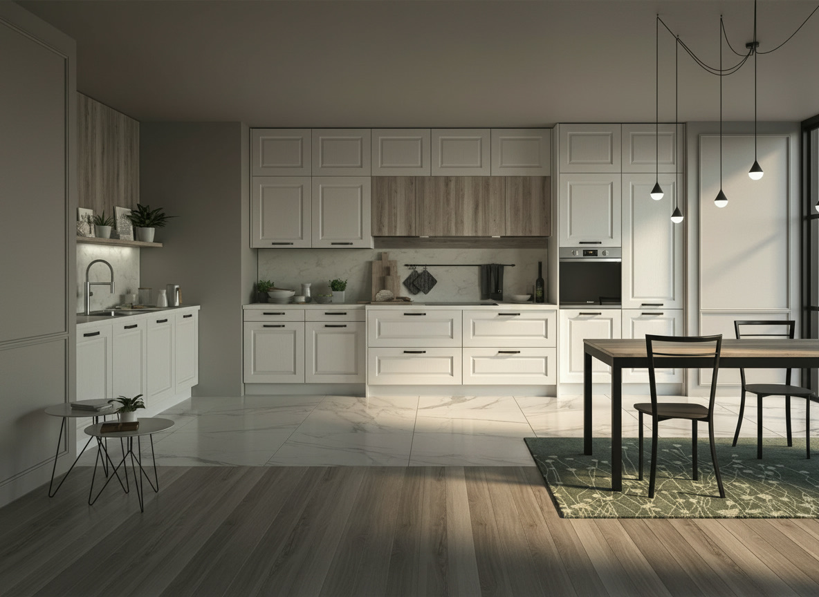 Cucina Maya bianca con pensili in legno chiaro, alzata effetto marmo e pavimento effetto marmo, Michelessi