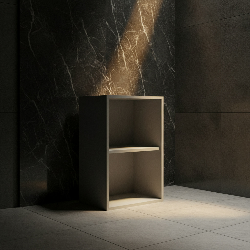 Modulo a giorno in finitura alluminio con ripiano, struttura delle cucine componibili Michelessi