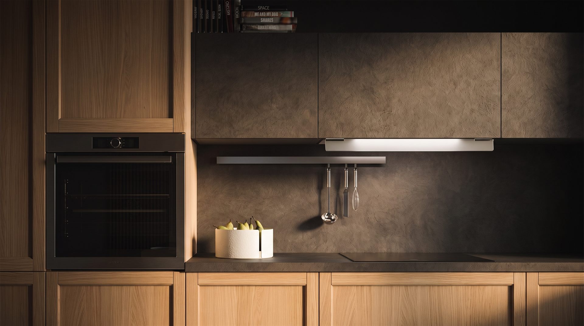 Visione di progetto: dettaglio cucina Noah con basi in legno chiaro, piano e schienale effetto pietra scura e barra attrezzata, Michelessi