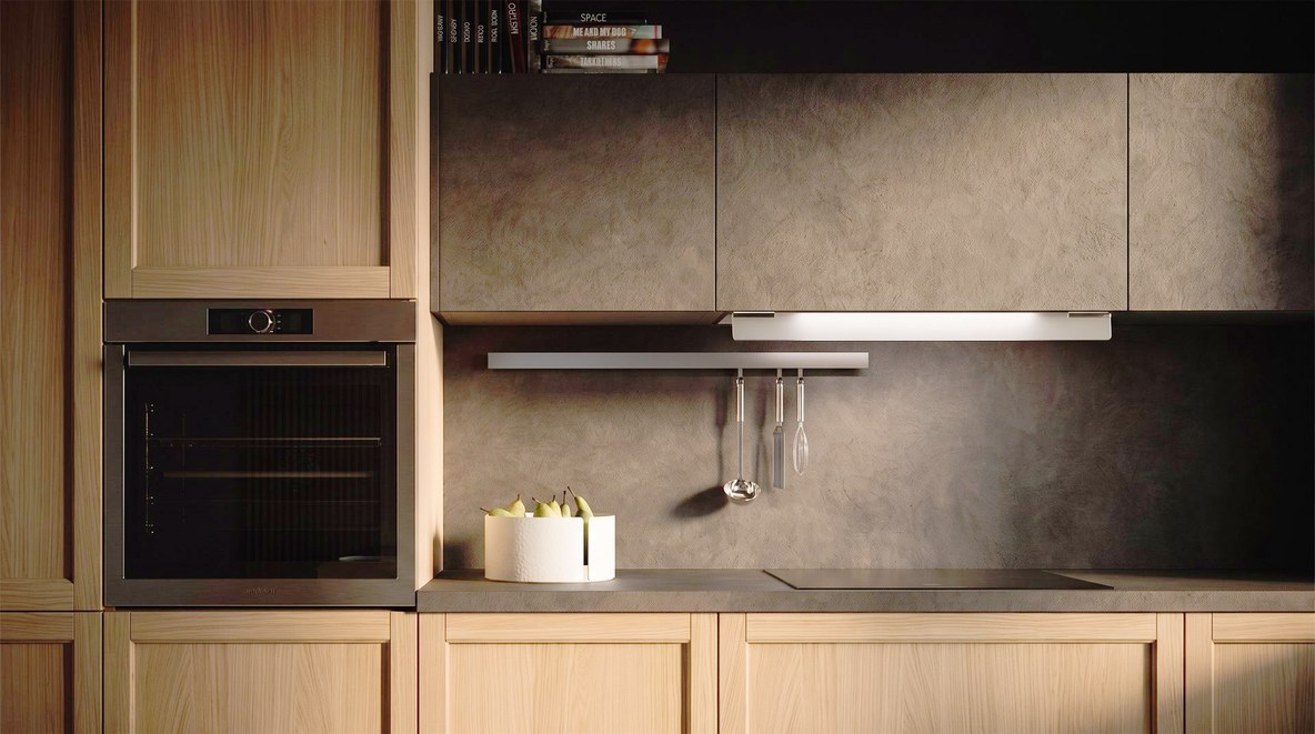 Visione di progetto: dettaglio cucina Noah con basi in legno chiaro, piano e schienale effetto pietra scura e barra attrezzata, Michelessi