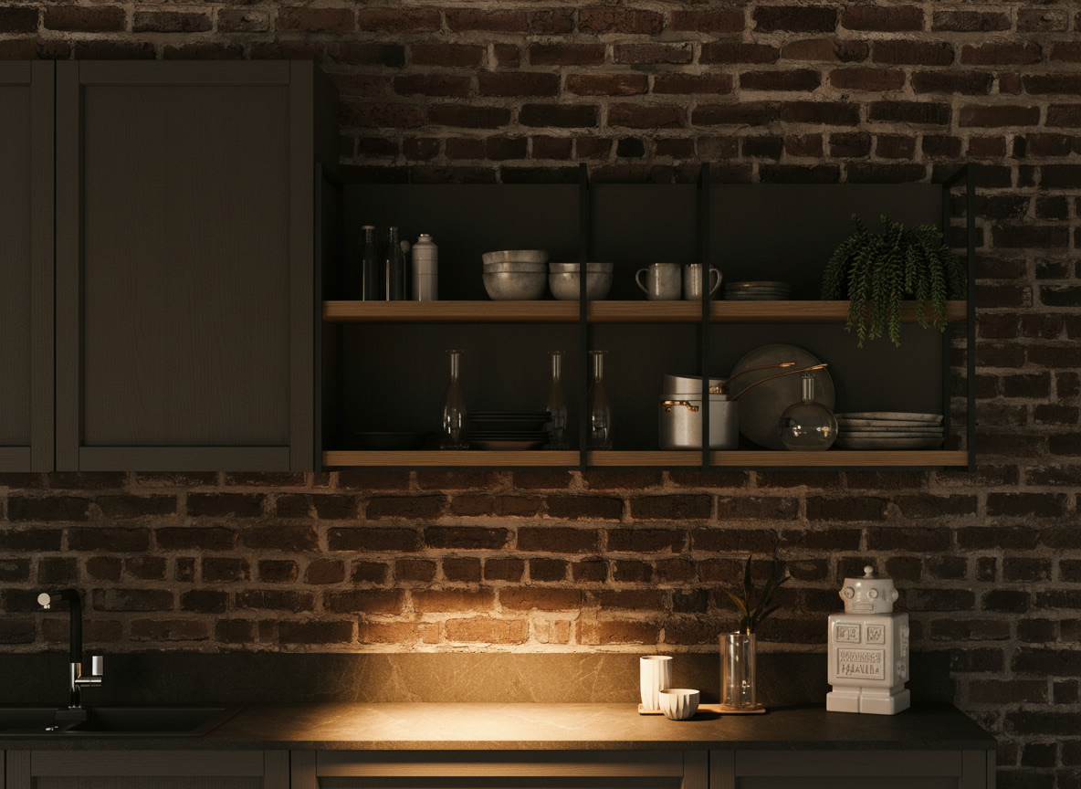 Cucina Noah con ante a telaio verde salvia, mensole a giorno e piano effetto pietra scura, parete in mattoni, Michelessi