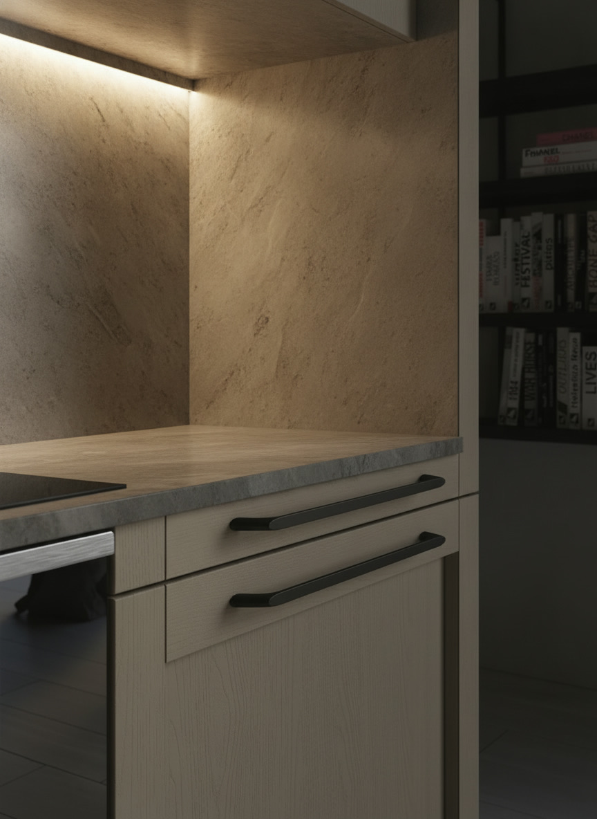 Dettaglio colonne cucina Noah con maniglie nere inclinate su ante in legno chiaro spazzolato, Michelessi
